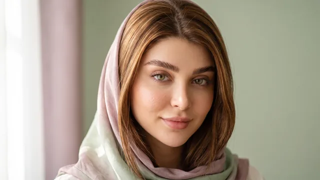 پرترهٔ سه‌رخ در برابر دیوار سبز روشن با ابروهای مرتب