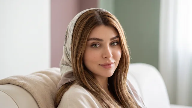 زنی آسوده روی مبل کرم‌رنگ در نور ملایم