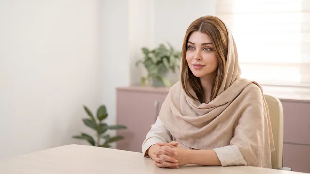 زنی نشسته در اتاق مشاوره، در حال گوش دادن